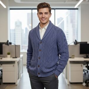 J Crew Cable Knit Shawl Collar Cardigan Sweater Large Mens Dusty Navy Fishermans